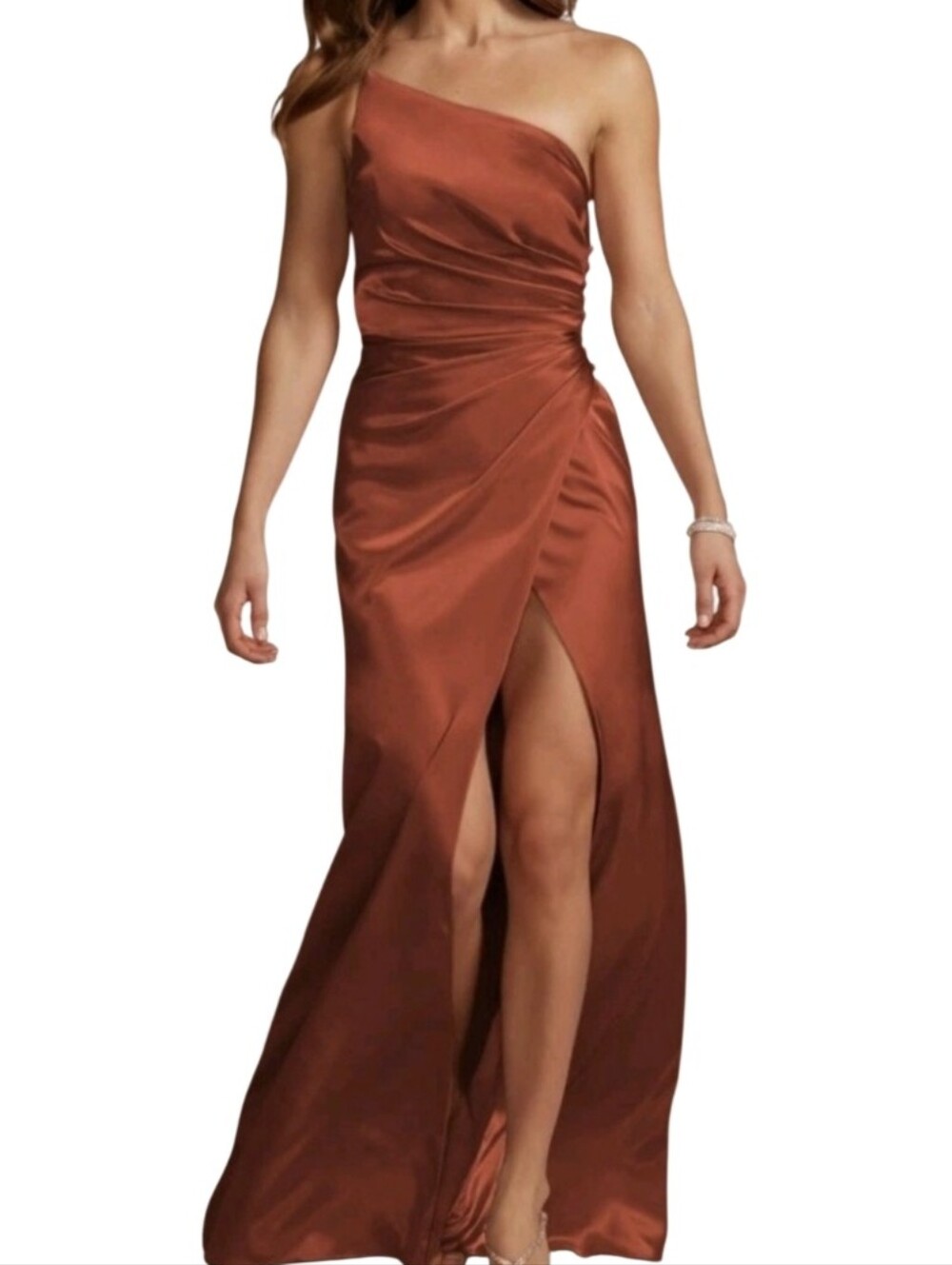 Galina Signature David Bridal One-Shoulder Satin Cinnamon Rust Evening Gown Fall
